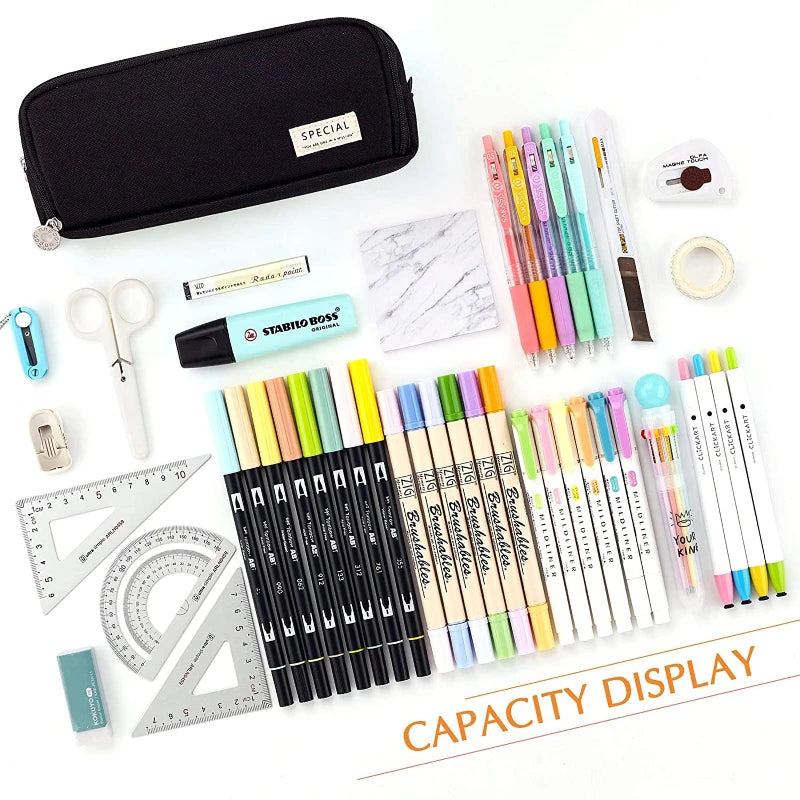 Kawaii Large Capacity Pencil Case 3 Compartment Pouch Pen Bag Double Side Opening Students Stationery Organizer School Supplies