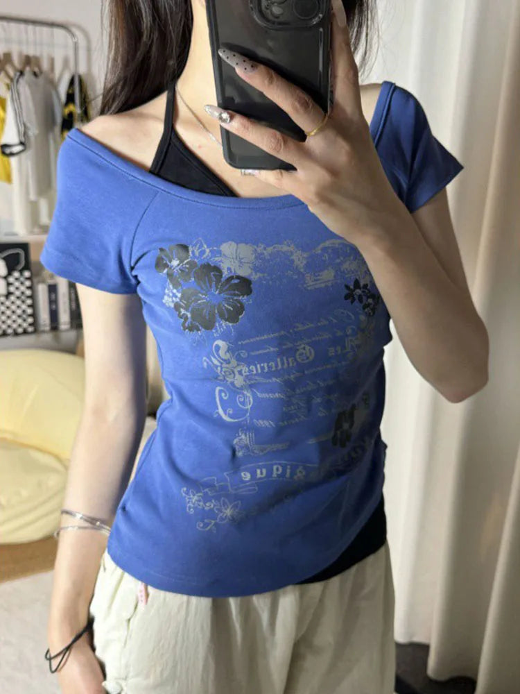 Vintage Fake Two Piece Halter Lace Up T-shirts Y2k Slim Fit Print Tops Women Off Shoulder Short Sleeve Tee Shirt
