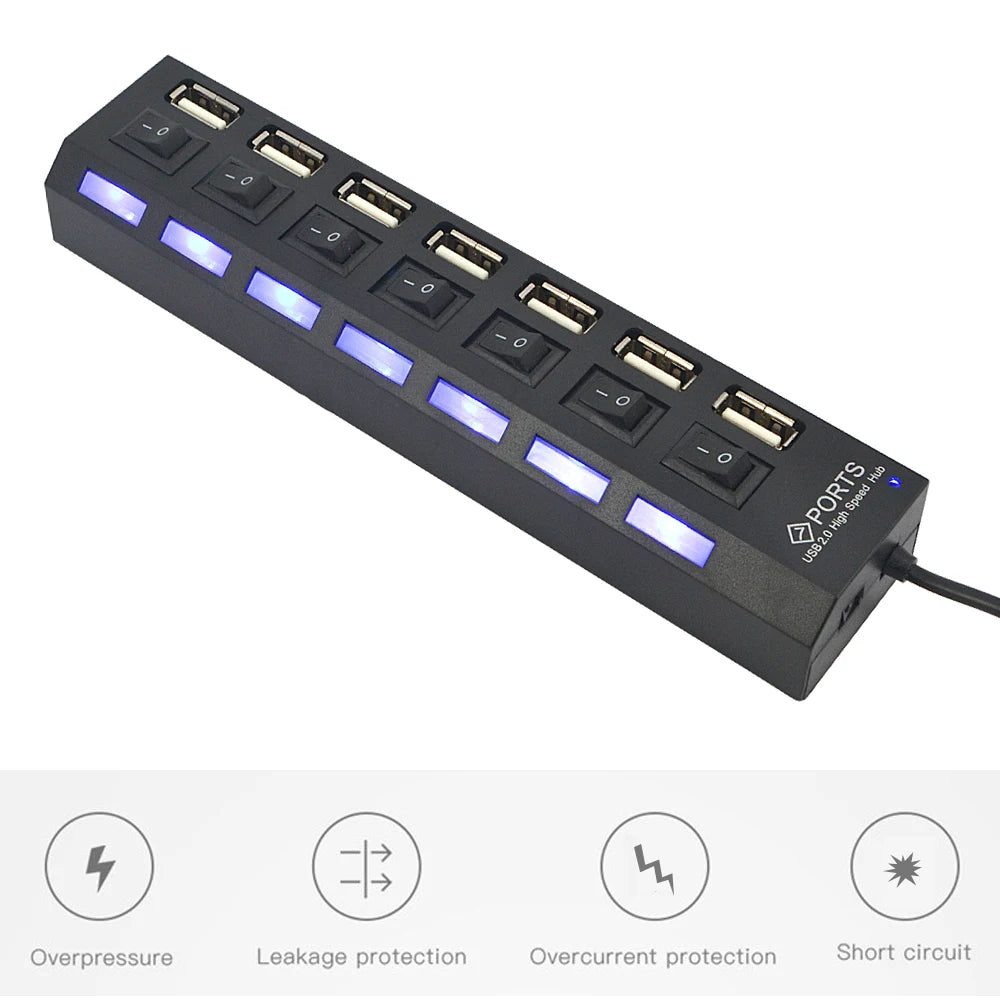 High Speed 4/7 Ports USB HUB 2.0 Adapter Expander Multi USB Splitter Multiple Extender with LED Lamp Switch for PC Laptop