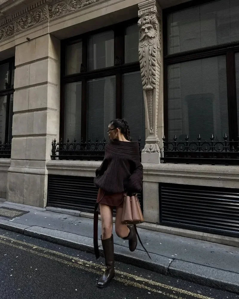 Tuularose Women's Off-Shoulder Sweater Fashion Loose Casual Brown Retro Pullover Spring High Street Office Lady Tops Knitwear