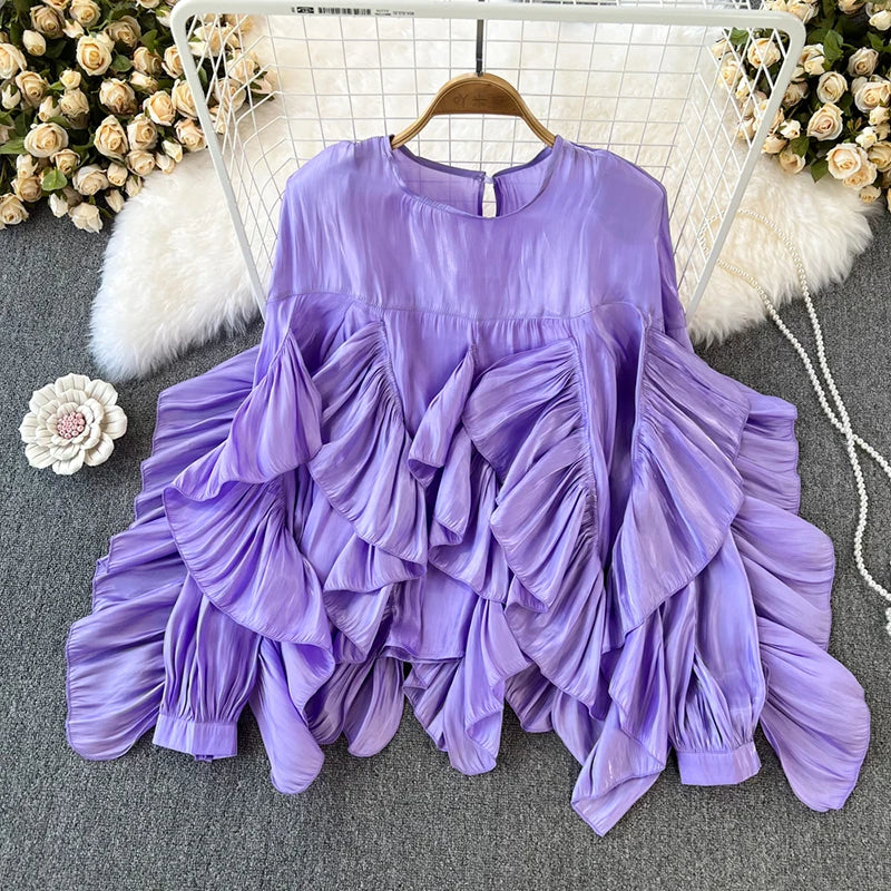 Women Spring Autumn Blouse New European American Vintage Round Neck Ruffle Loose Long Sleeved Foreign Style Irregular Top D2338