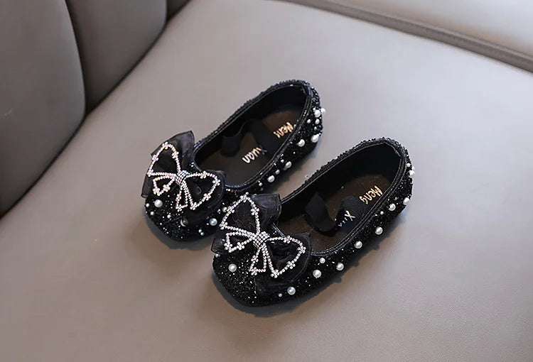 Girls Princess Shoes Glitter Luxury Party Shallow Children Ballet Flats 21-36 Elastic Band Fashion Lace Bowknot Kids Dance Shoes