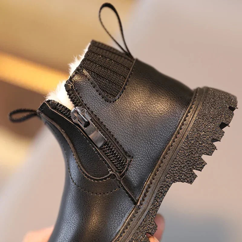 Autumn Winter Kid Boys Girls Casual Ankle Boots Comfortable Simple Side Zipper Leather Boots Velvet Warm Non-Slip Boots