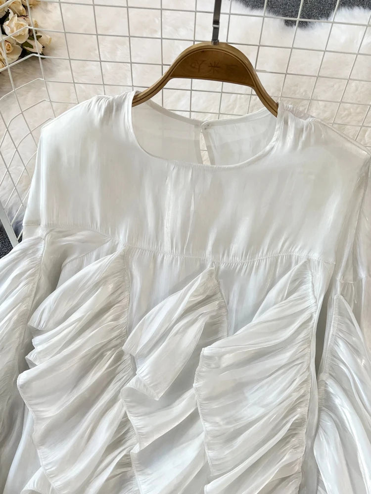 Women Spring Autumn Blouse New European American Vintage Round Neck Ruffle Loose Long Sleeved Foreign Style Irregular Top D2338