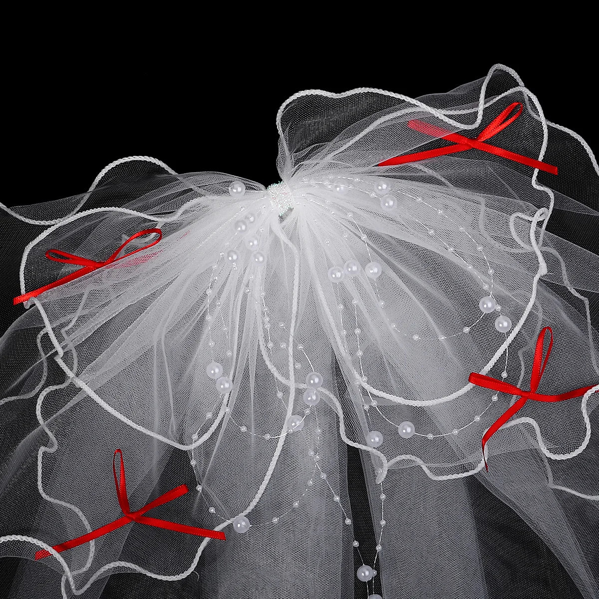 Double Layer Mesh Tulle Solid Color Women Short Wedding Veil with Clip Ribbon Edge Center Cascade Bride Headpiece Party
