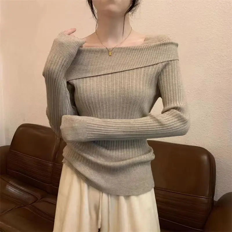 Solid Sexy Slim Off Shoulder Slash Neck Long Sleeve Knitting Sweater  Women Jumpers Office Fashion New