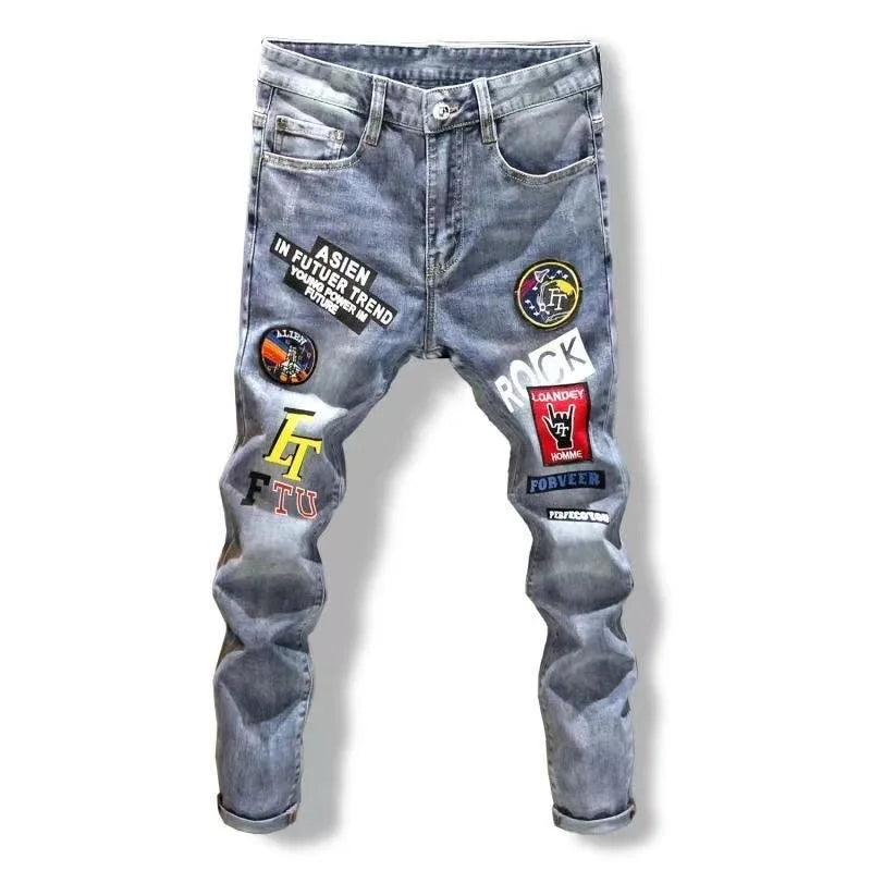 Autumn and Spring Printed Straight Leg Vintage Sports Denim Pants for Men Casual Comfortable High Quality Elastic Denim Pants