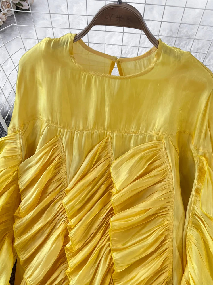 Women Spring Autumn Blouse New European American Vintage Round Neck Ruffle Loose Long Sleeved Foreign Style Irregular Top D2338