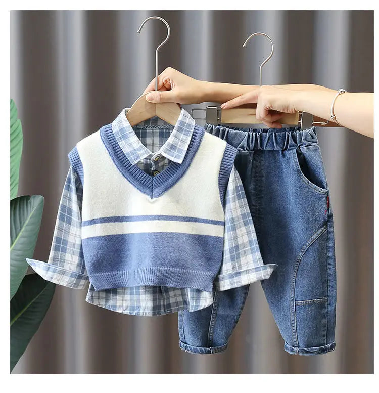 Boys' Baby Autumn Suit 2024 New Children's Fashionable Clothes Spring and Autumn Vest Shirt Jeans 3 Piece Set