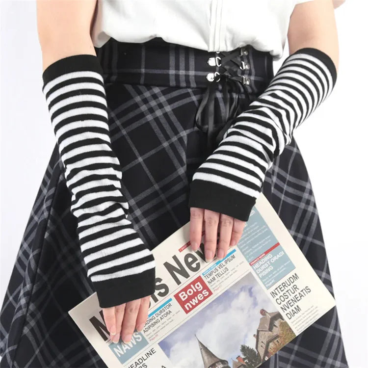 Striped Fingerless Gloves Arm Warmers Cotton Elbow Protection Warm Bracelet Gloves for Cold Weather Daily Casual Outdoor Wear