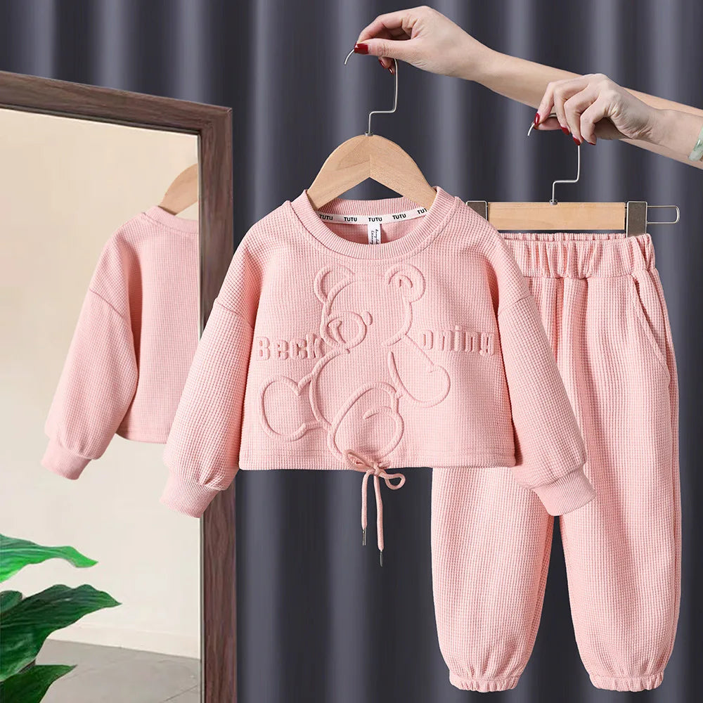 Spring Autumn Baby and Girls Cartoon Embossed Drawstring Sweatshirt+Sweatpant Kids 2PCS Tracksuit Child Outfit Jogger Set 1-9 Yr