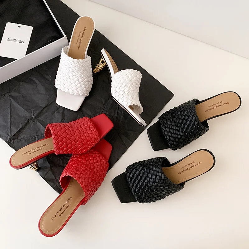 Summer Sandals Women Concise Style Slippers Weave Sandals for Girls Sexy Kitten Heel Elegant Dress Party Wedding  Sandalias