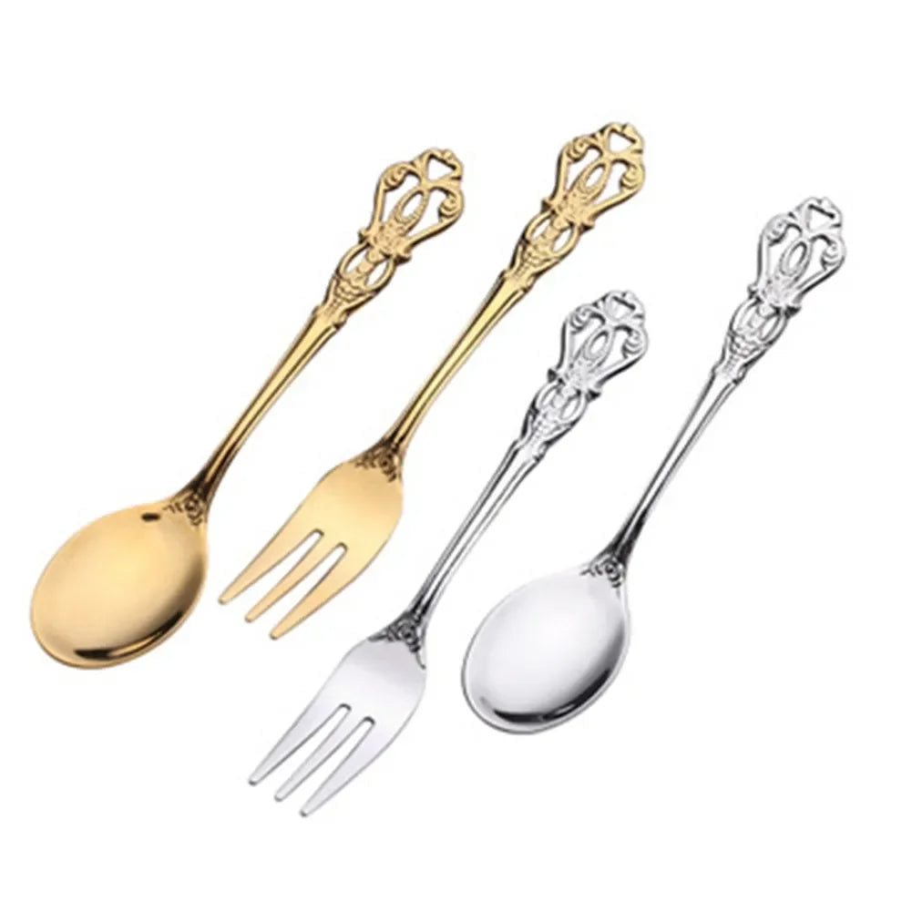 1 Pair Vintage Gold Spoon Fork Cutlery Set Stainless Steel Luxury Dessert Spoon Outdoor Tableware Camping Cooking Supplies