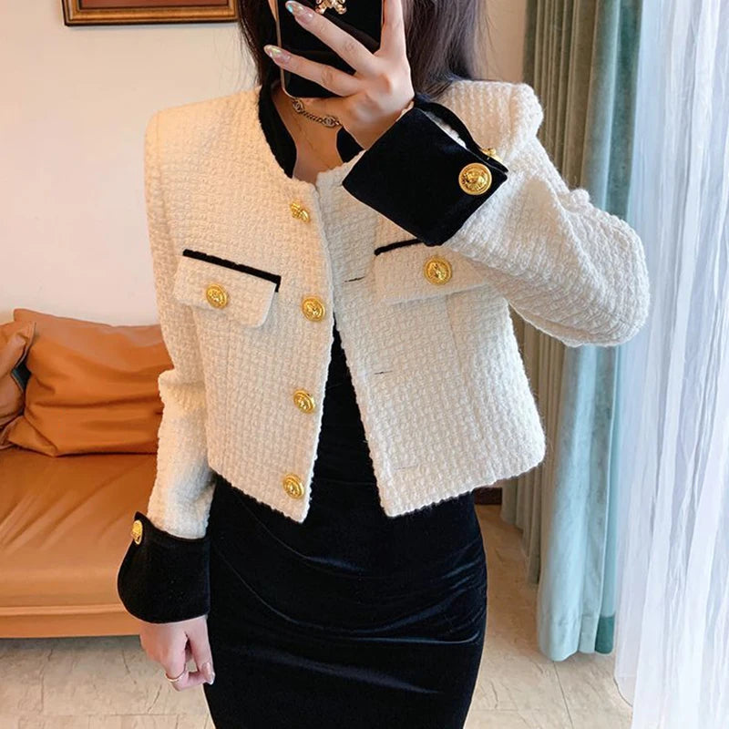 Fashion Stitching Tweed Short Jacket Women Autumn Winter Elegant Office Lady Coat Y2K Korean O Neck Single Breasted Crop Outwear