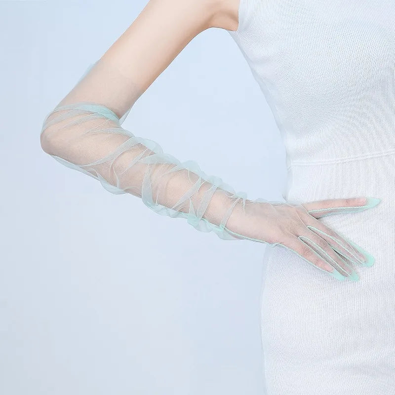 Women Long Sheer Tulle Gloves for Bridal Wedding Accessories Party Transparent Finger Gloves