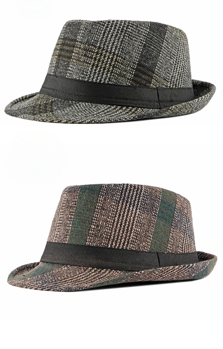 Spring Summer New Vintage Checked Top Hat Men's Middle-aged and Elderly Woolen Gentleman's Hat Jazz Hat
