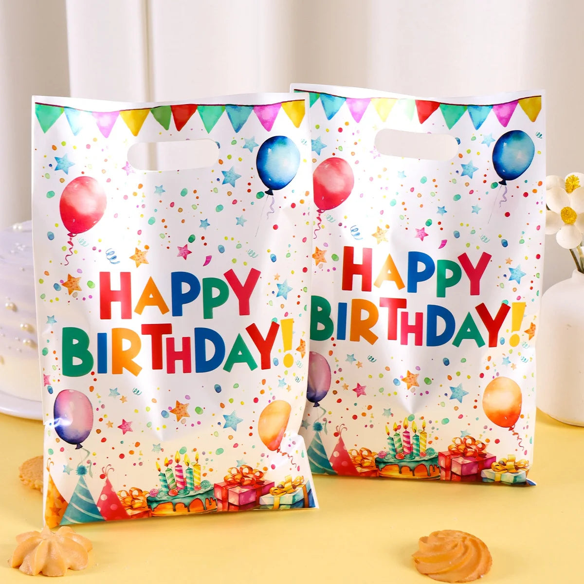 10/20/50pcs Happy Birthday Gift Bags Colorful Party Favor Bags Plastic Tote Bags for Kids Adults Happy Birthday Party Decoration