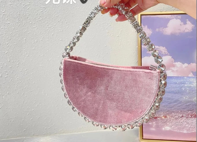 Lady Blue/Pink Diamond Circular Evening Bag Women Fushia Round Handle Rhinestone Dinner Clutch Purse Ladies Half Moon Handbags