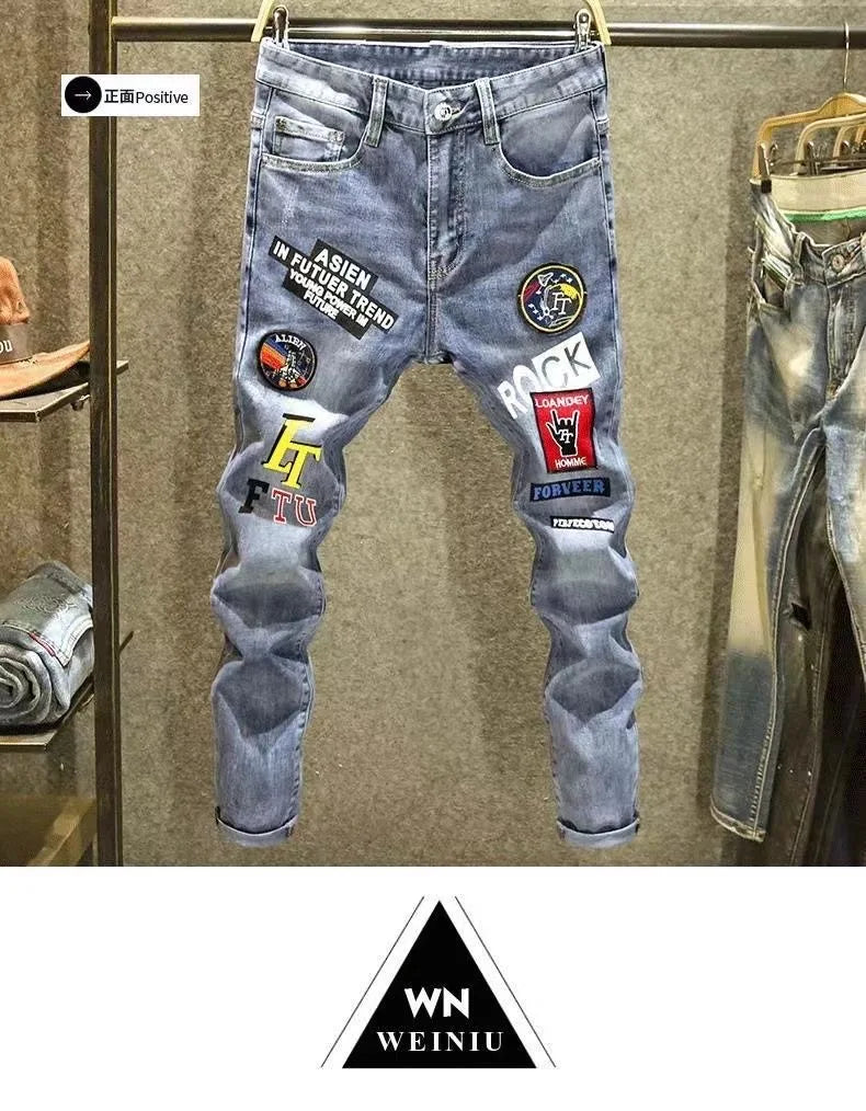 Autumn and Spring Printed Straight Leg Vintage Sports Denim Pants for Men Casual Comfortable High Quality Elastic Denim Pants