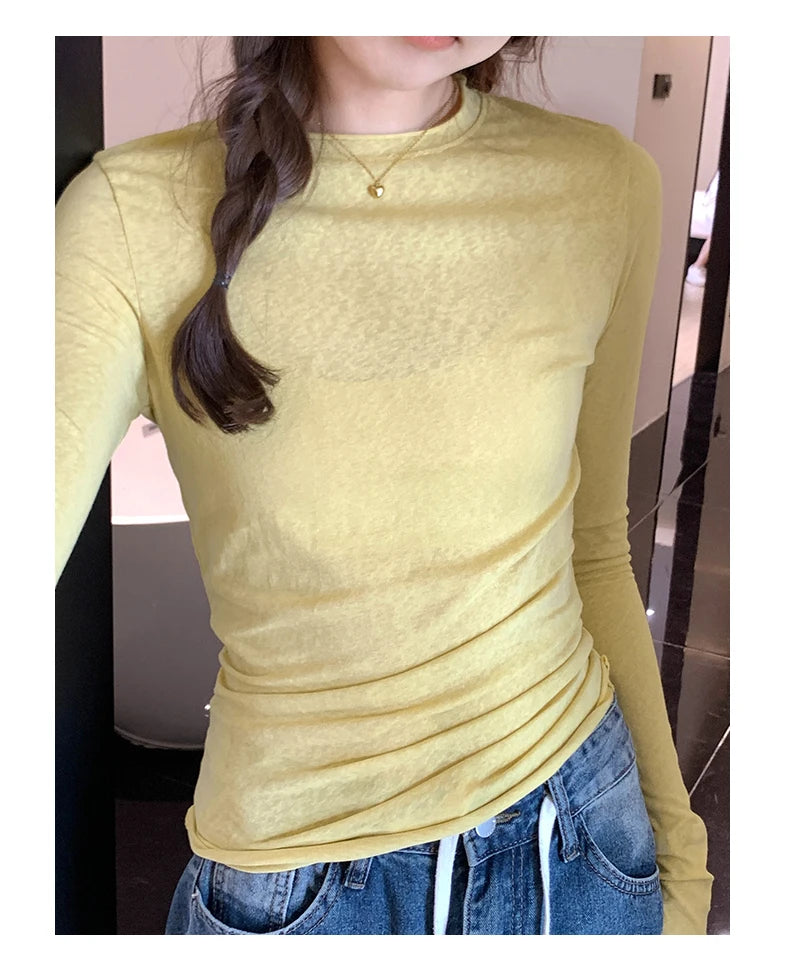 2025 Spring Autumn T shirt Women Tops Solid Slim Fit Long Sleeve O Neck Tshirts Female Casual Streetwear High Quality Base Tees