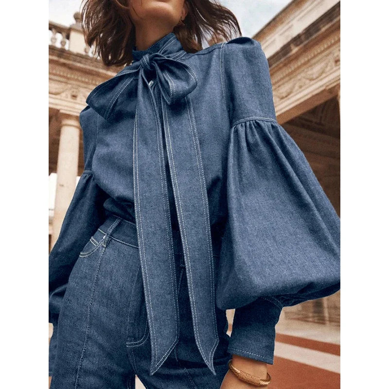 Beautyblue Elegant Women's Imitation Denim Blouse Tops Spring 2025 New Fashion Puff Sleeves Bow-Embellished Female Shirts S-3XL