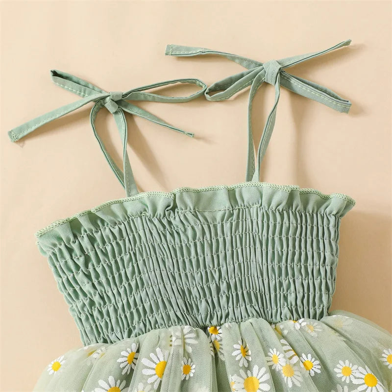 Baby Girls Romper Set Spaghetti Straps Pleated Flower Print Tulle Patchwork A-line Dress with Bowknot Headband