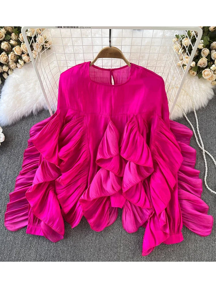 Women Spring Autumn Blouse New European American Vintage Round Neck Ruffle Loose Long Sleeved Foreign Style Irregular Top D2338