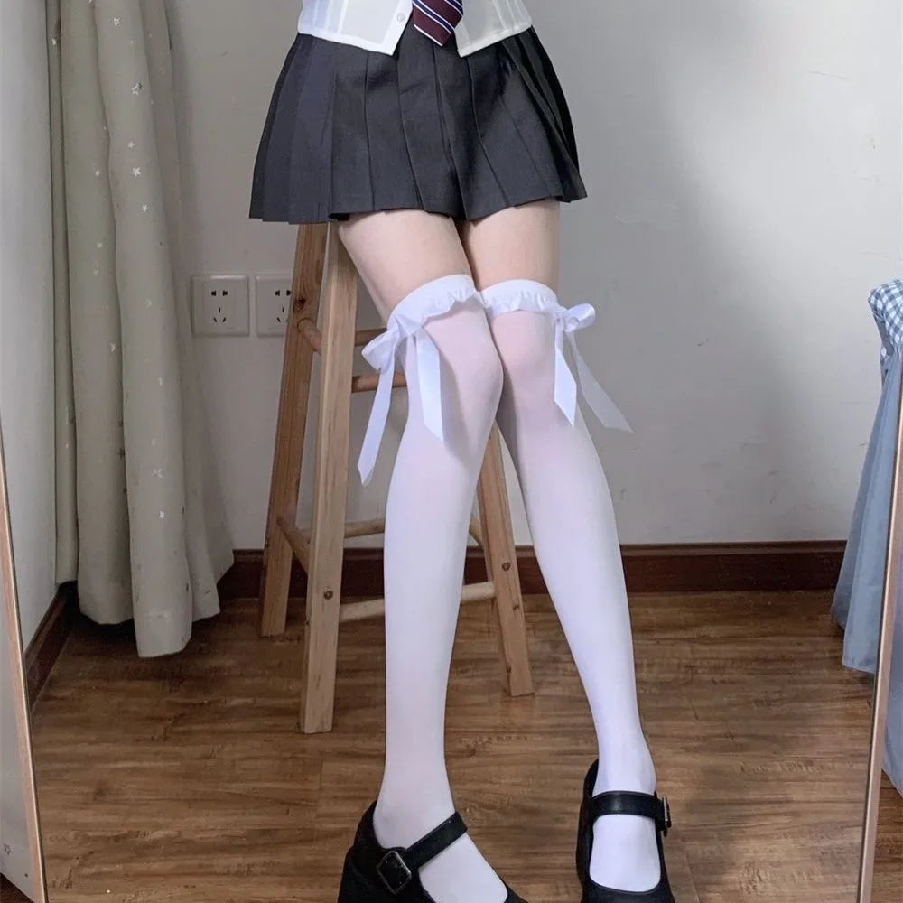 Women's Socks Jpanese Beauty Kawaii Sweet Girl Lace High Socks Cute Cool Bow Ribbon Knee Socks Moda Feminina Roupas Lolita Socks