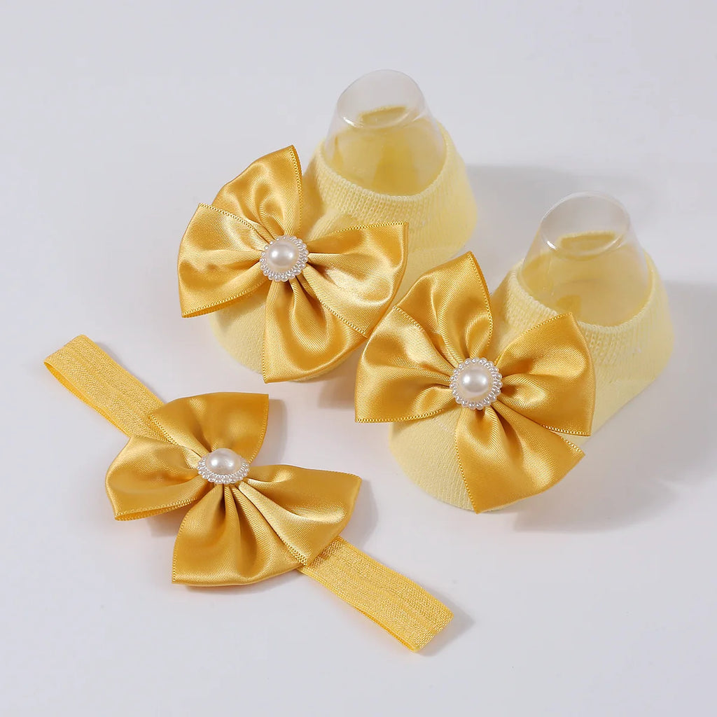 1Set New Baby Pearl Bowknot Headbands Socks Newborn Toddler Soft Prewalker Sock Girl Infant Cute Knitted Cotton Hairband Socks