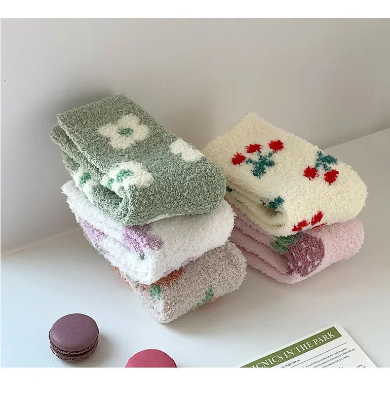 Japanese Kawaii Cute Socks Autumn Winter Thicken Warm Soft Plush Women Socks Coral Fleece Thermal Homewear Floor Sleeping Socks