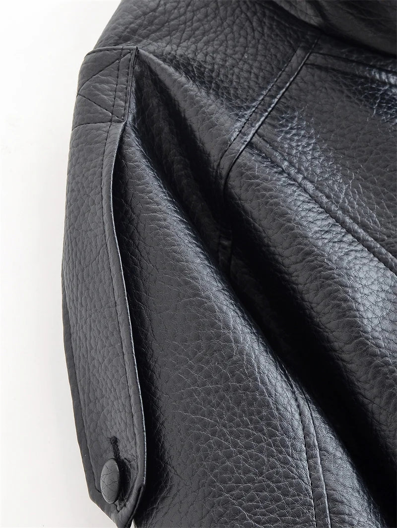 Women's Jacket Fall 2025 New Black Long Sleeve Pebble Faux Leather Jacket Motorcycle Style Personality Fashion