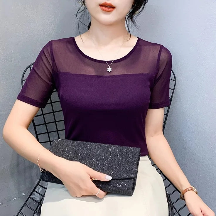 Summer New round Ne ort Sve Me Base irt Sexy Dance Inner Wear Slimming  Color Top Thin T-irt Casual Sle