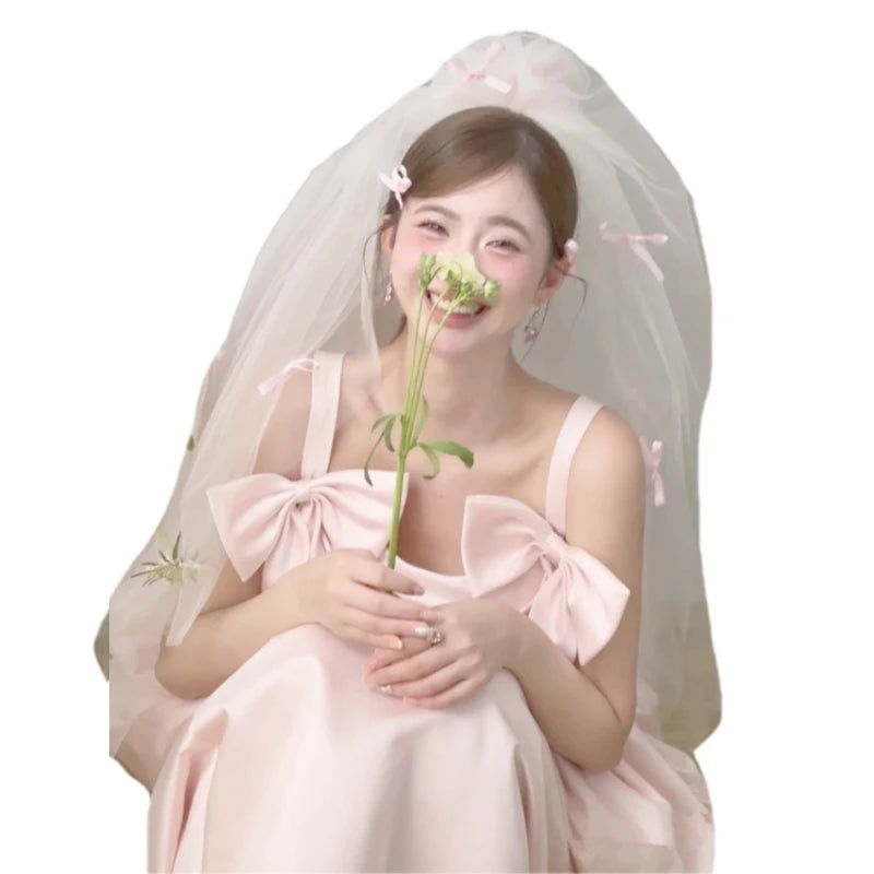 Bride Veil Studded Bowknot Beaded Head Covering Wedding Hair Covering White Wedding Veil Headscarf Short Veil DropShip
