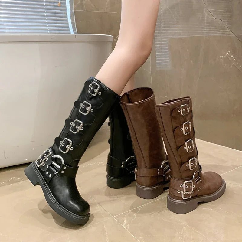 Woman Boots Knee High Platform Elegant Low Heel Trend Punk Gothic New Rock Leather Fashion Women's Shoes Motorcycle Footwear