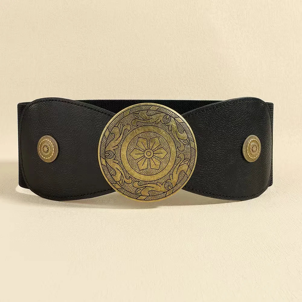 Women Wide Elastic Belt Western Buckle Vintage Strecth Waist Belt for Dress