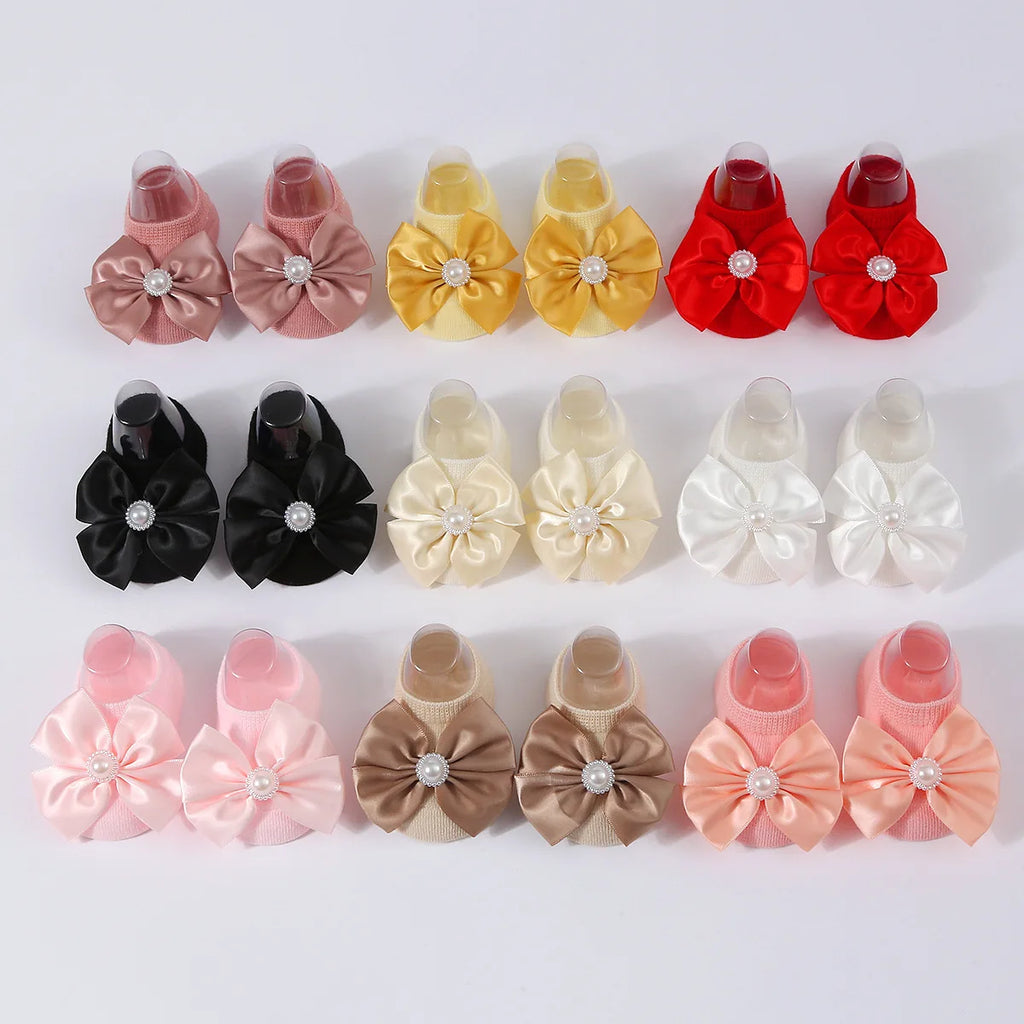 1Set New Baby Pearl Bowknot Headbands Socks Newborn Toddler Soft Prewalker Sock Girl Infant Cute Knitted Cotton Hairband Socks