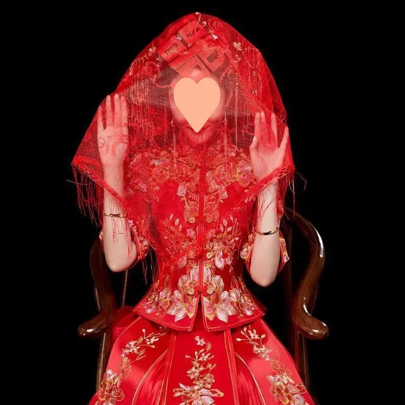 Bridal Headpiece Flower Main Dress Chinese Style Wedding Xiuhe Red Head Cover Semi-transparent Veil  Hijab Accessories  Retro