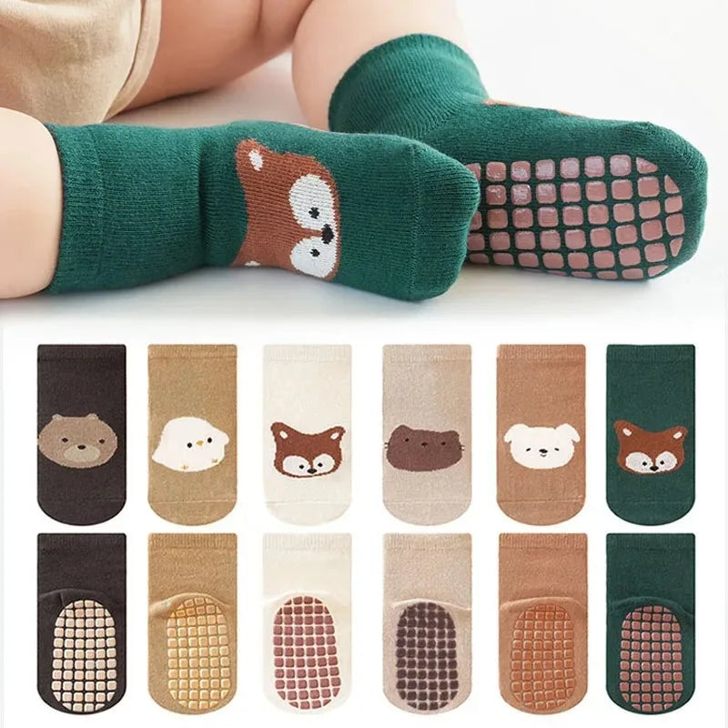 Homefish 6 Pairs Kids Non-Slip Socks Cute Cartoon Fox and Bear Pattern Childrens Boys Girls Floor Socks Comfortable for Toddler