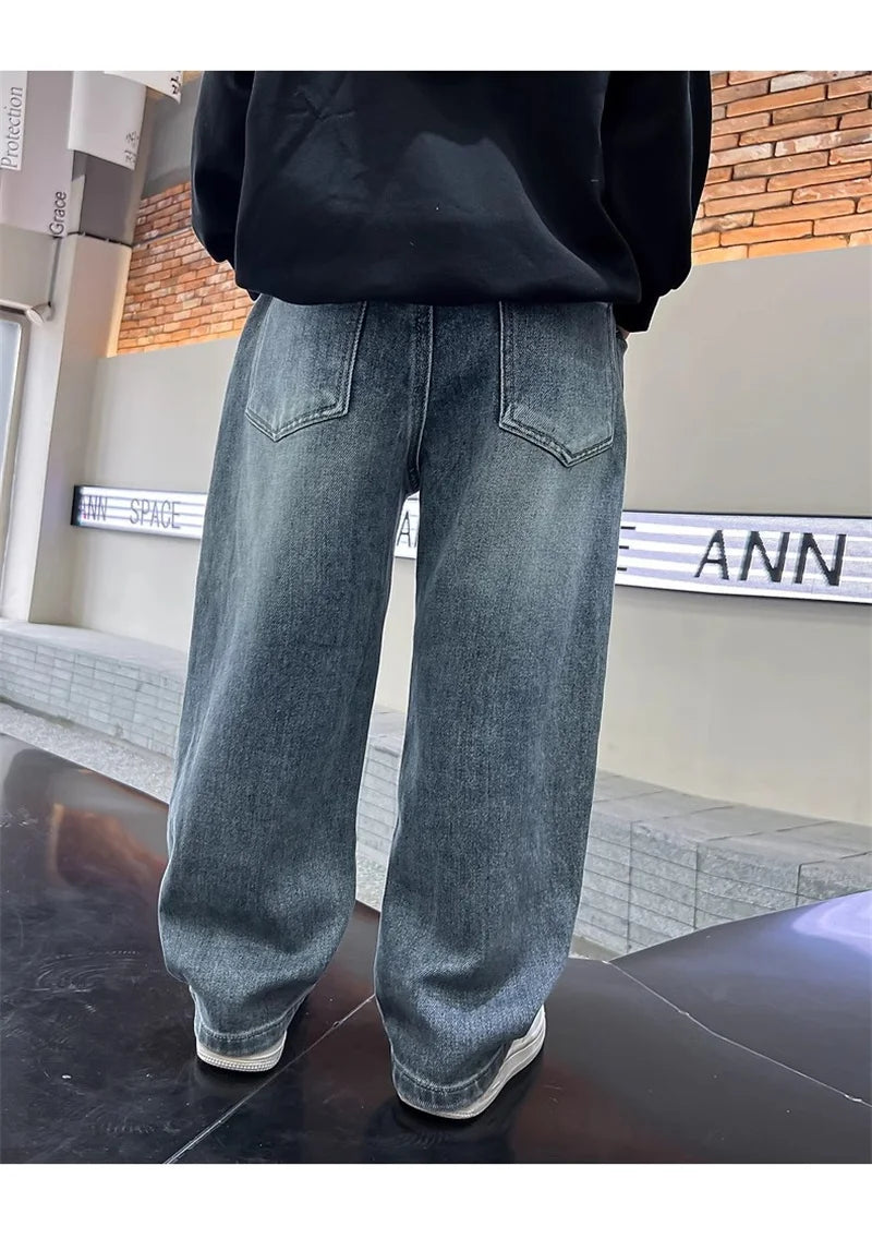 Boys Jeans Pants Spring Kids Wide Leg Straight Trousers Autumn Loose-Fit Casual Trousers Children's Trendy Sweatpants Pant 5-14Y