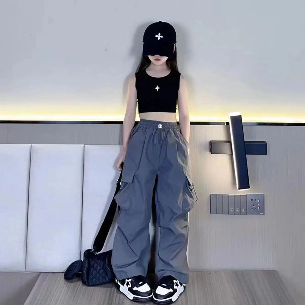 Girls Sports Cargo Pants Kids Fashion Straight Baggy Trousers Children Streetwear Sweatpants Teenager Vintage Casual Pants
