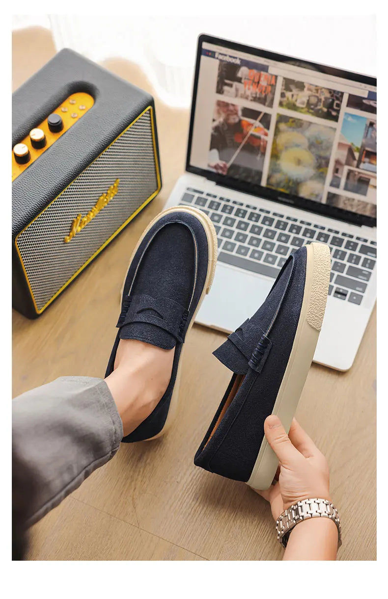 New Suede Leather Mens Loafers Cowhide Slip On Flats Handmade Casual Shoes Leisure Walk Moccasins Outdoor Business