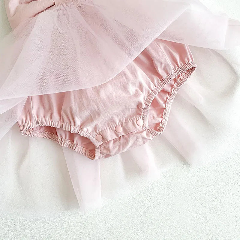 2024 New Summer Baby Tutu Dress Big Bow Birthday Clothes for Newborn Toddler Suspenders Gauze Bodysuit for Girls