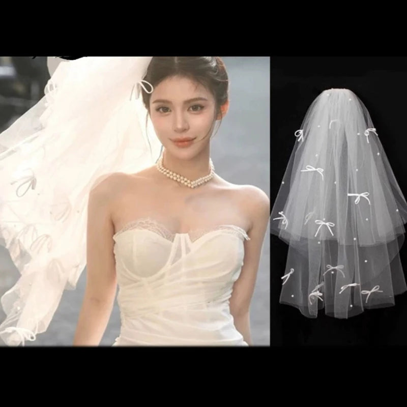 Bride Veil Studded Bowknot Beaded Head Covering Wedding Hair Covering White Wedding Veil Headscarf Short Veil DropShip