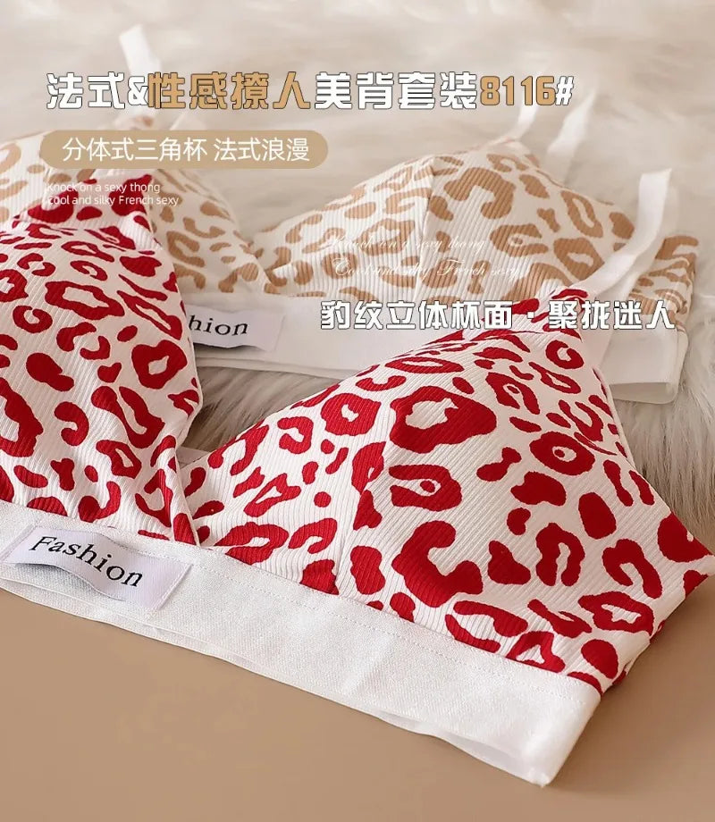 Women Seamless Bra Set Low Waist Panties Leopard Bralette Sexy Lingerie Set Vneck Sport Brassiere Female Cotton Underwear Set