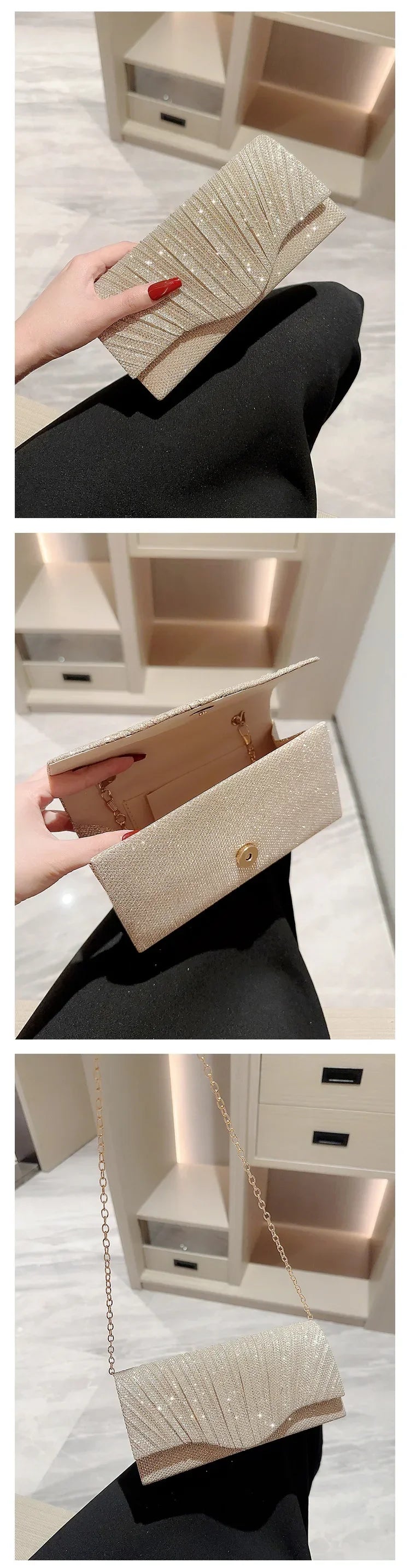 Wedding Party Handbag Ladies Glitter Silver Clutch Bag Envelope Evening Bag Fashion Elegant Long Purse Women Chain Shoulder Bags