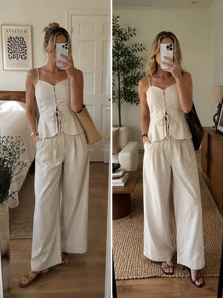 Mueyaruho Women 2026 Summer Office Pant Set Suits Solid Beige Outfits 2 Two Piece Wide Leg Matching Set For Women