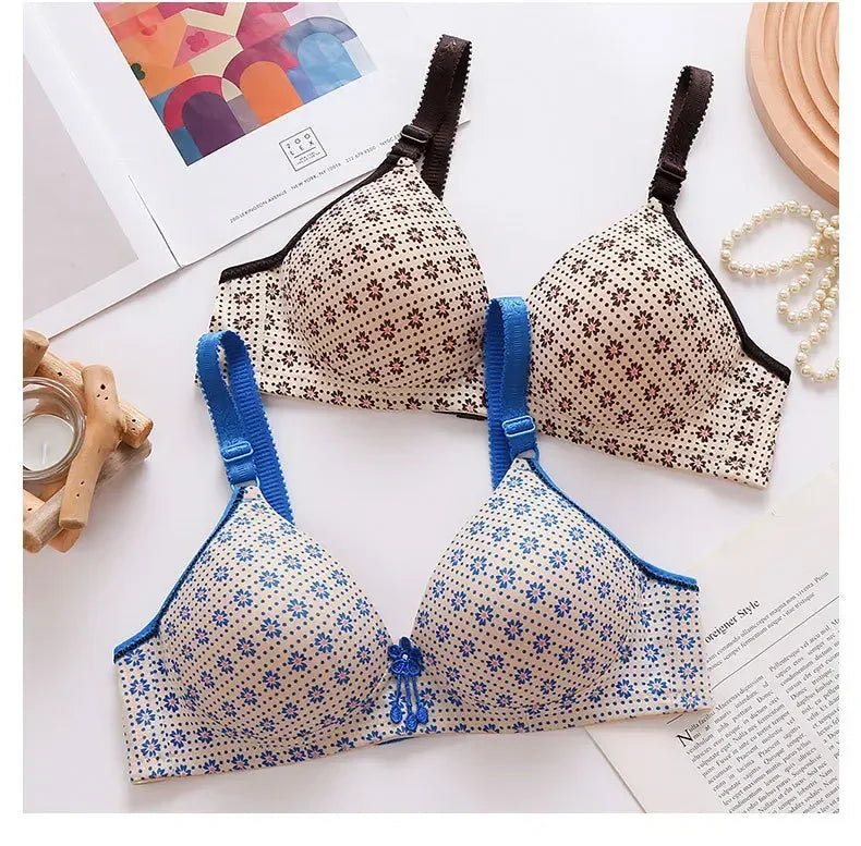 Ladies Mum Printed Bra Thin Section Mom Underwear Women Comfortable Bras Without Steel Ring Back Three Rows Of Buckle Brassiere