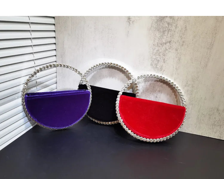 Lady Blue/Pink Diamond Circular Evening Bag Women Fushia Round Handle Rhinestone Dinner Clutch Purse Ladies Half Moon Handbags