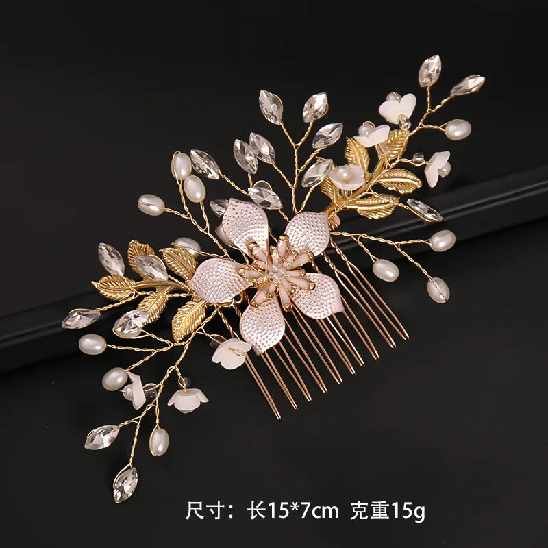 Bridal Wedding Pearl Flower Hairpin Side Comb Golden Leaf Shaped Alloy Tiaras Insert Jewelry Comb Hair Jewelry Bride Headwear