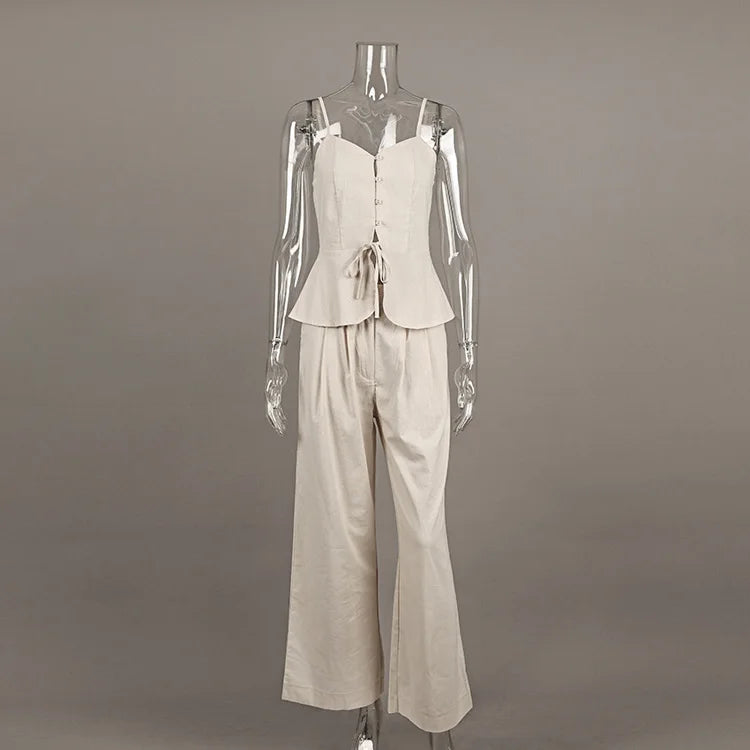 Mueyaruho Women 2026 Summer Office Pant Set Suits Solid Beige Outfits 2 Two Piece Wide Leg Matching Set For Women